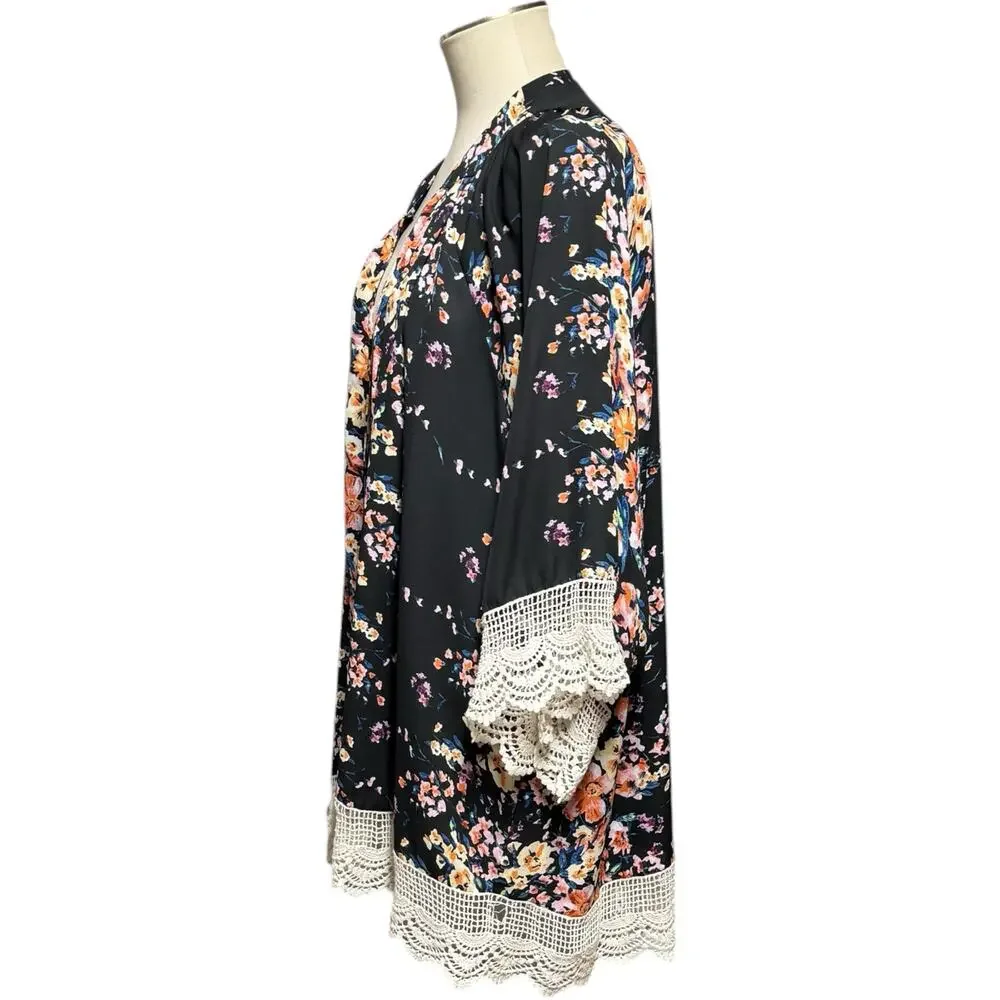 Umgee Open Front Kimono Cardigan Black Multicolor Floral Crochet Lace Med/Lg